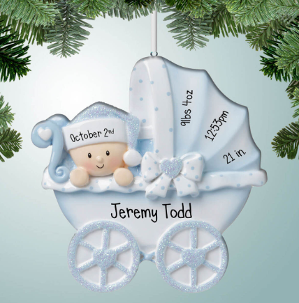 new baby boy in carriage ornament