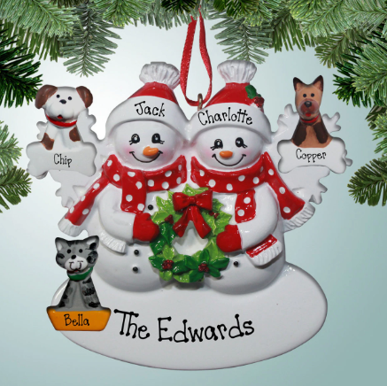snowman couple with three pets