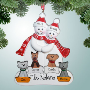 Snowman couple with four pets
